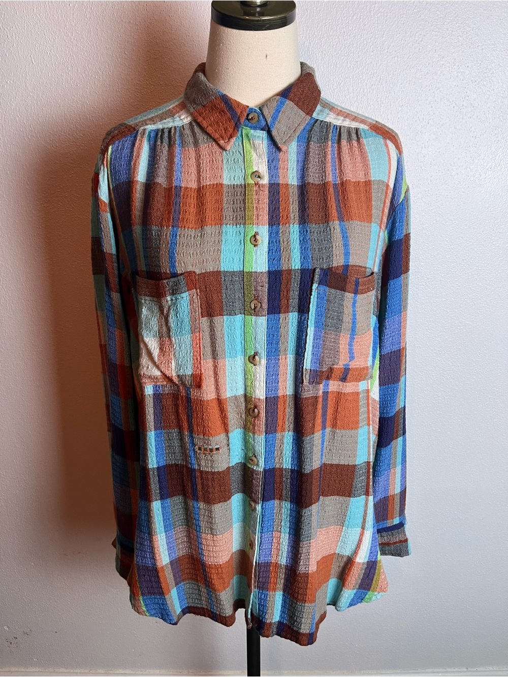 Pilcro Plaid Flannel Shirt in Rust, Blue & Mint - Picture 2 of 9